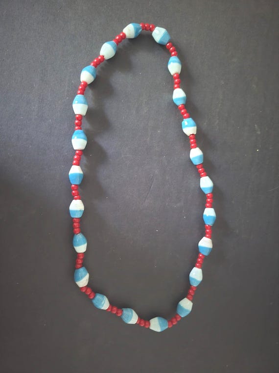 Vintage Red, White and Blue Glass Bead Necklace