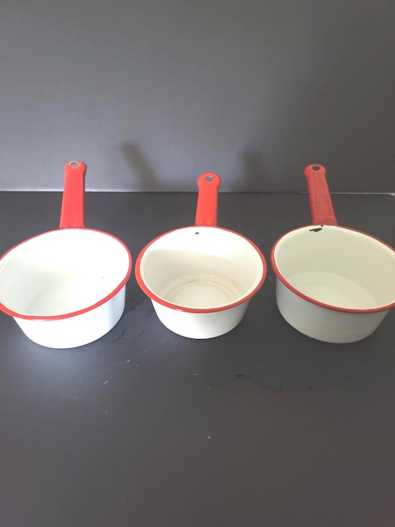 Set of 3 Enamel Ware Red and White Small Saucepans