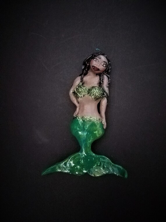 Mermaid with Black Hair Green Tail