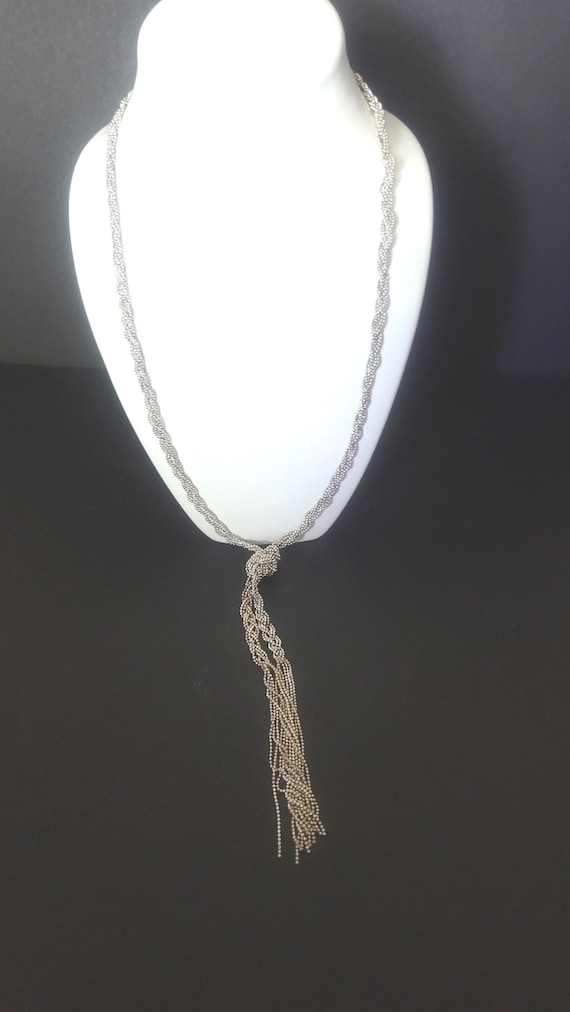 70s Vintage Necklace: Small Bead Chain in Silver and Gold, Braided Tassel