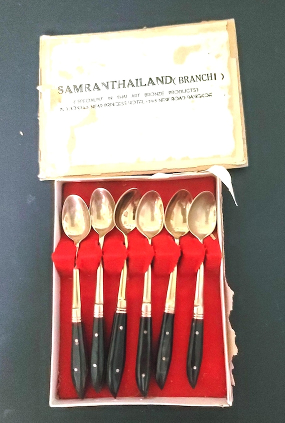 Vintage Thai Demitasse Bronze and Rosewood Spoons