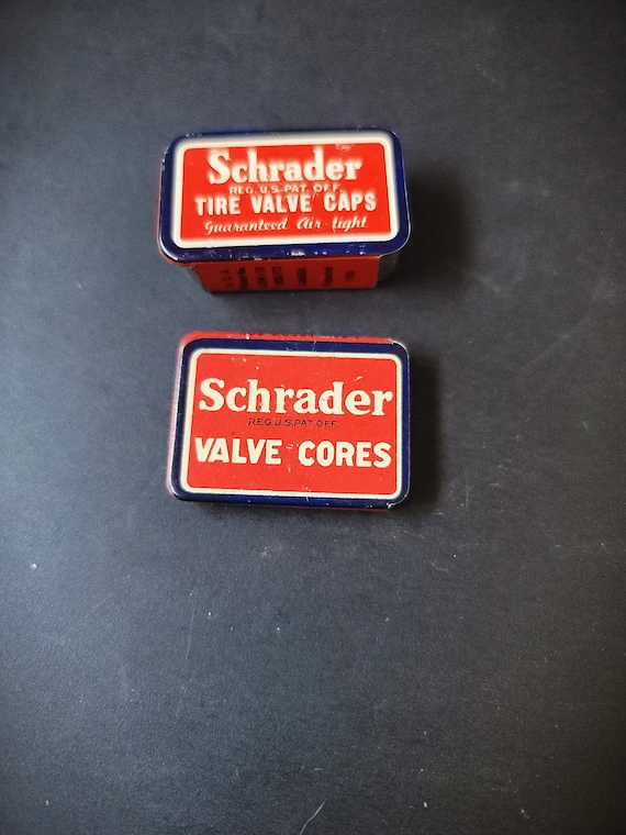 Vintage Schrader Valve Cores and Caps Tins