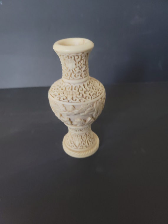 Vintage Carved Resin Vase with Japanese Imagery