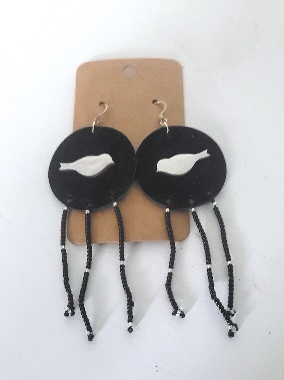 Black Leather Earrings with Bird