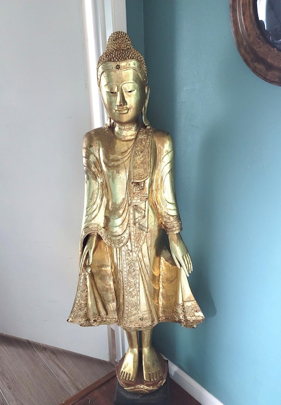 57" Burmese Wooden Handcarved Gilded Buddha circa 1900