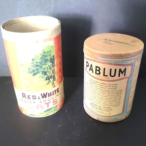 Jaren 30 graandozen Pablum en rood-witte haver