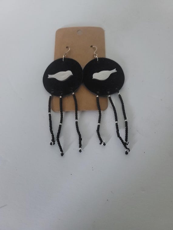 Black Leather Earrings with Bird