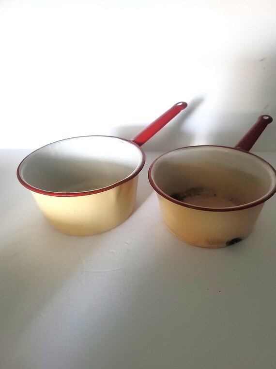 Set of Two Cream and Red Enamelware Saucepans
