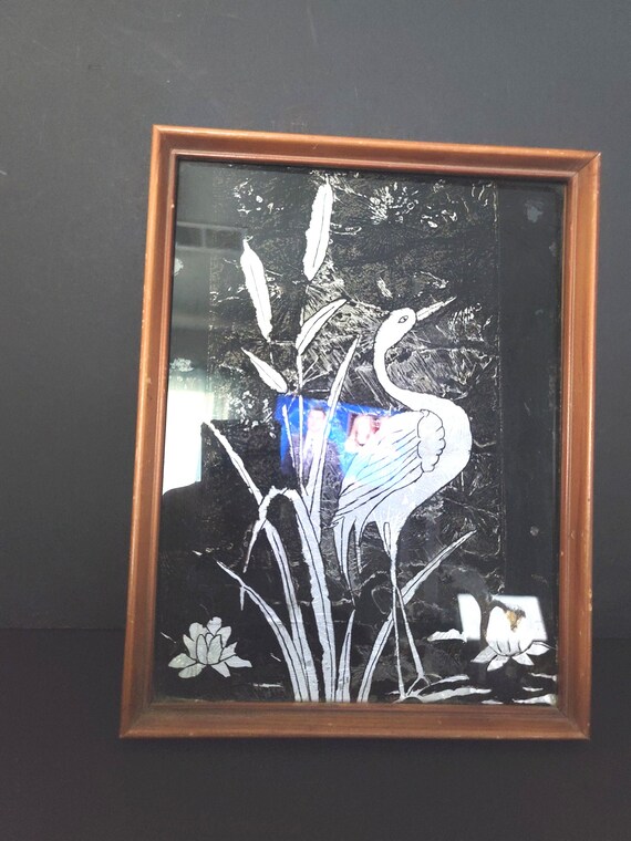 Vintage Foil Reverse Glass Painting of Heron