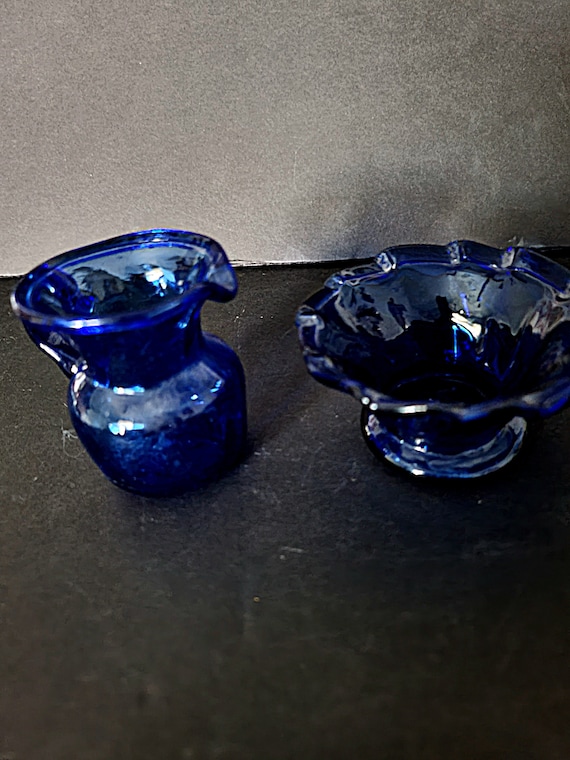 Antique Cobalt Glass Single Cream and Sugar