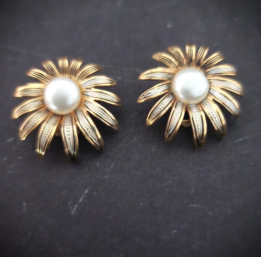 Boucles D'oreilles Anciennes Création - Plaqué Or, Motif Boule Fleurs, Fermoir Clips