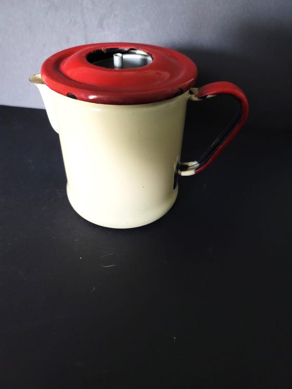 Vintage Cream and Red Enamelware Coffee Pot