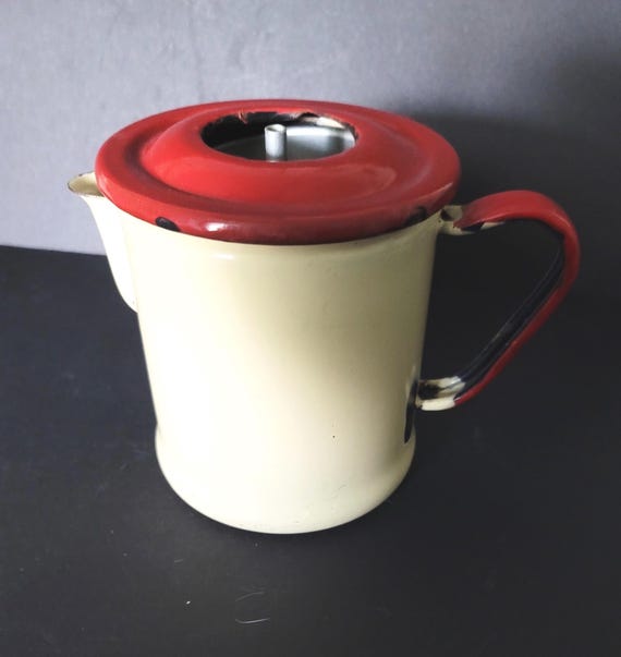 Vintage Cream and Red Enamelware Coffee Pot