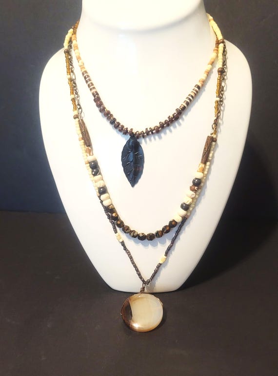 Three Strand Brass & Agate Necklace with Wood and Glass Beads