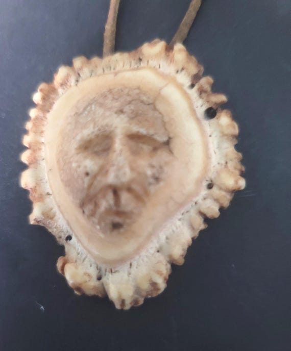 Antique Antler Bone Carved Face Necklace