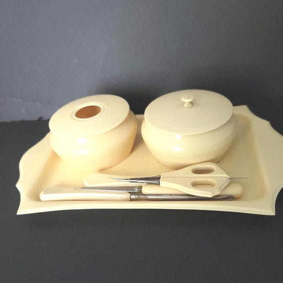 1920s Ivory Pyralin Dubarry Celluloid Boudoir Dresser Set