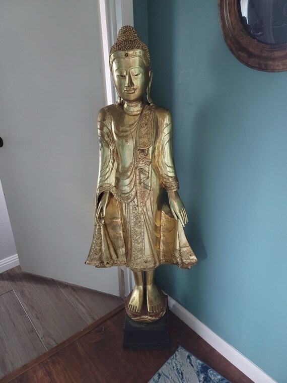 57" Burmese Wooden Gilded Buddha circa 1900