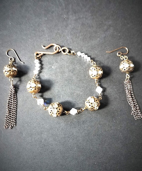 Brass & Crystal Bracelet and Earrings