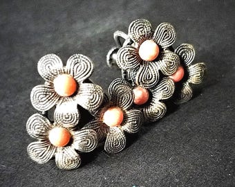 Peach and Silver Screw Back Earrings