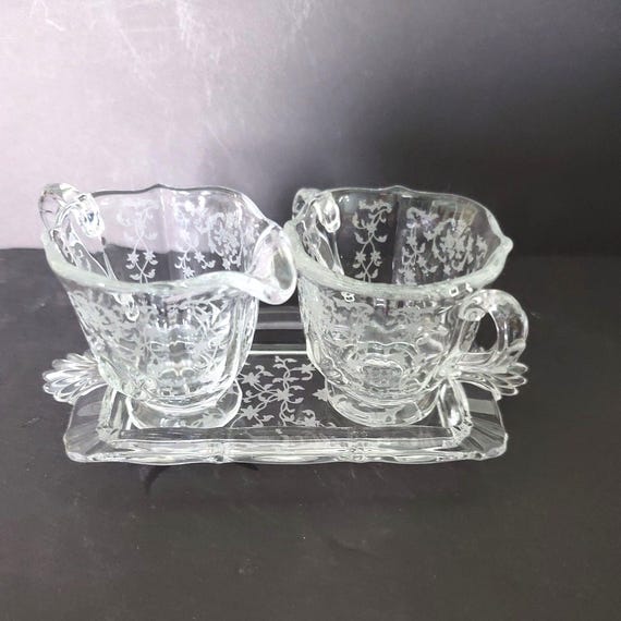 Fostoria Etched Cream and Sugar with a Dish