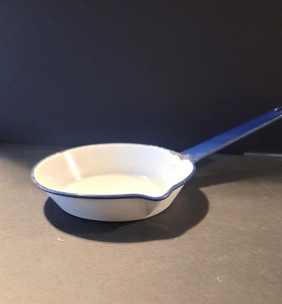 Small Frying Pan with Navy Blue Trim Enamelware