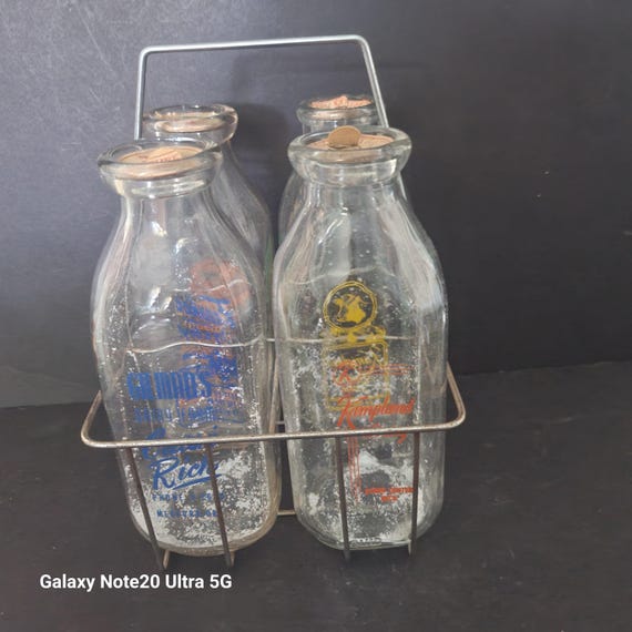 Set of 4 Vintage Square Milk Bottles with Cardboard Caps and Carrier