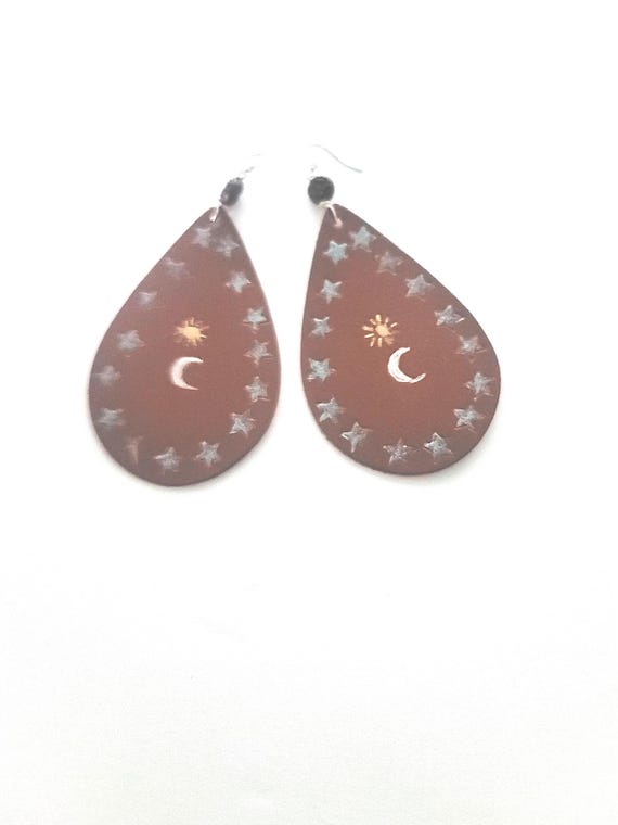 Sun, Stars and Moon Leather Teardrop Earrings