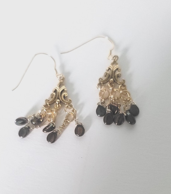 Gold Chandelier Earrings with Iridescent Glass Beads