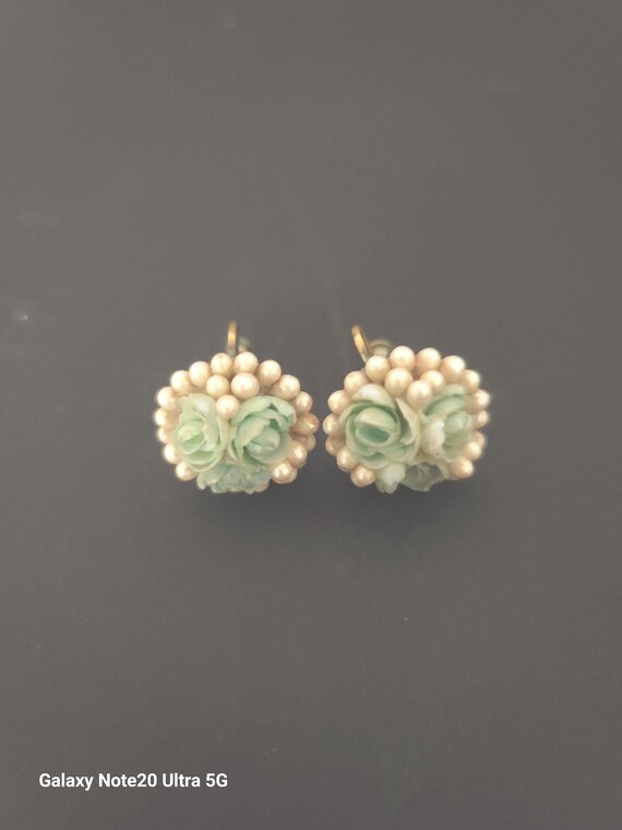Pearl and Blue Roses Screw On Earrings