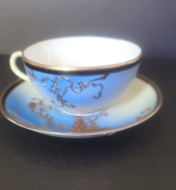 Tea Cup and Saucer, Pre-War 1920s 30s Blue Gold Gilded Grapes