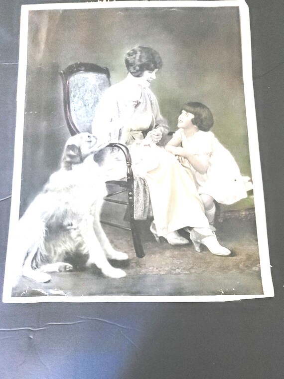 Print of Woman with Girl and Dog 1920s