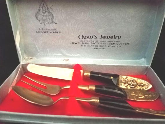 Thai Rosewood and Bronze Cheese Plate Set of Utensils