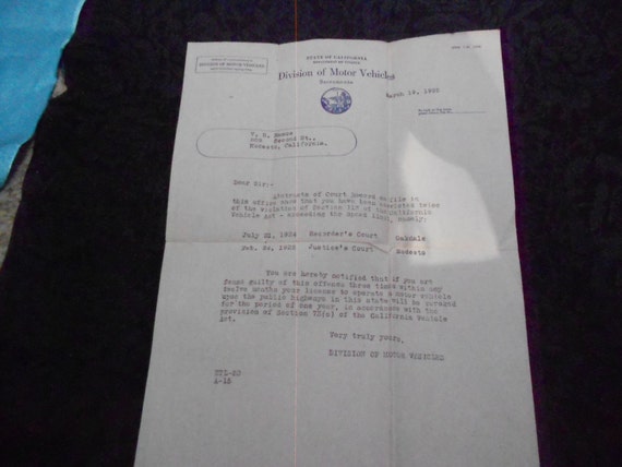 1925 Letter from DMV CA