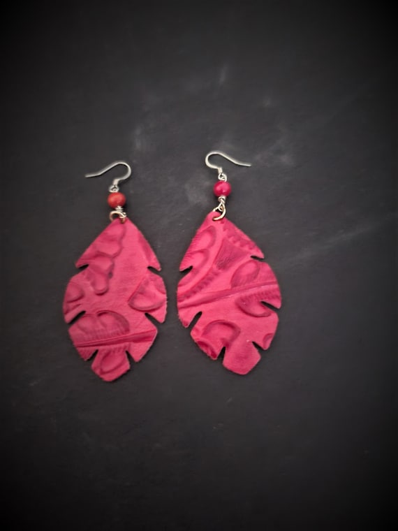 Red Leather Leaf Earrings