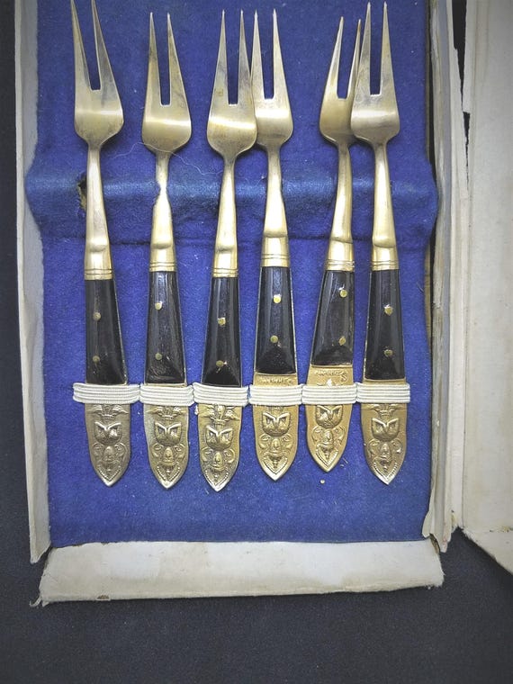 Thai Bronze & Rosewood  Cocktail Forks with Buddha