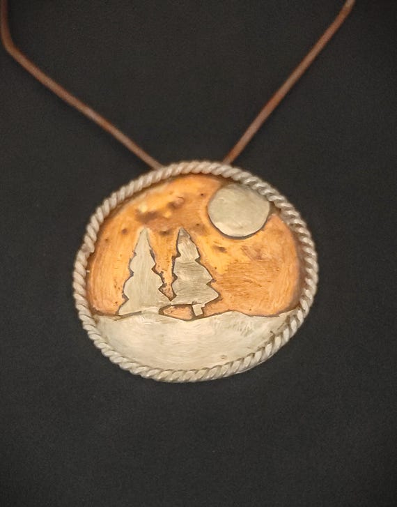 Sterling Silver & Copper Necklace: Trees Moon Landscape Pendant