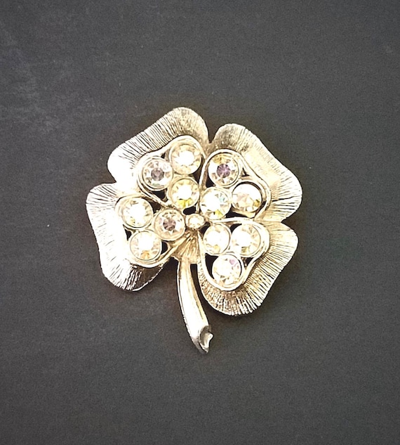 Vintage Gold Rhinestone Shamrock Brooch