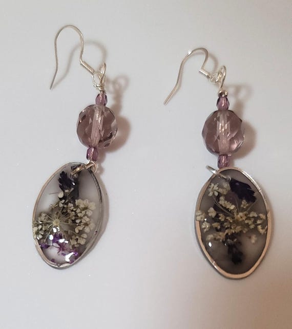 Purple and White Floral Resin Earrings