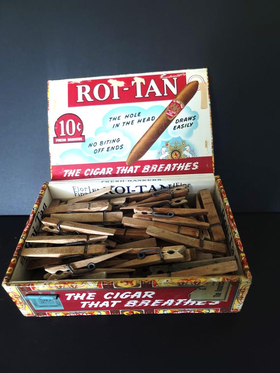 Cigar Box full of Vintage Clothes Pins