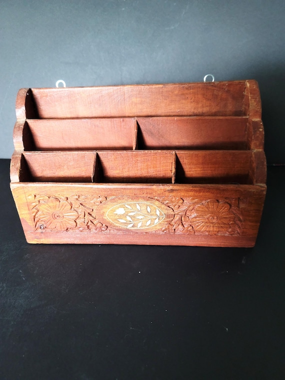 Vintage Rosewood Carved Mail Organizer