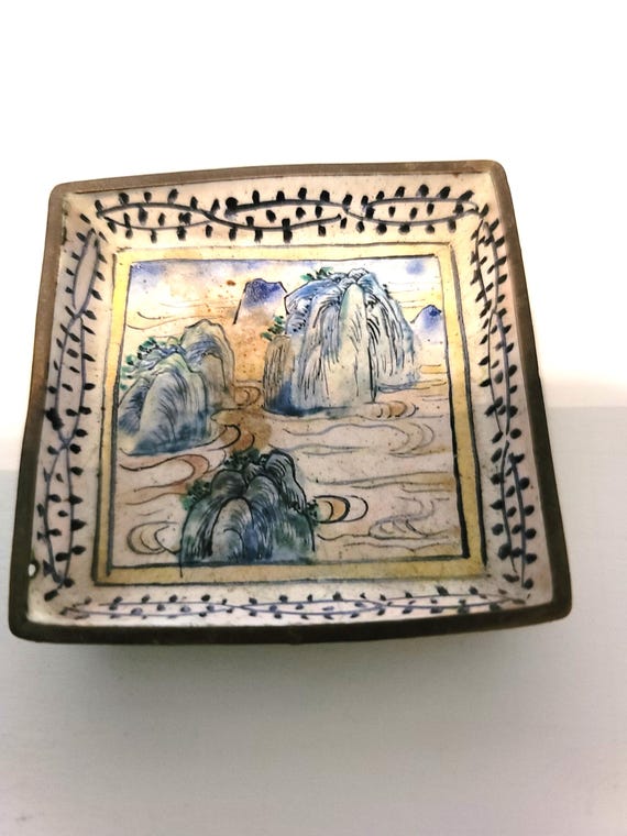 Small Antique Brass Enameled Trinket Dish