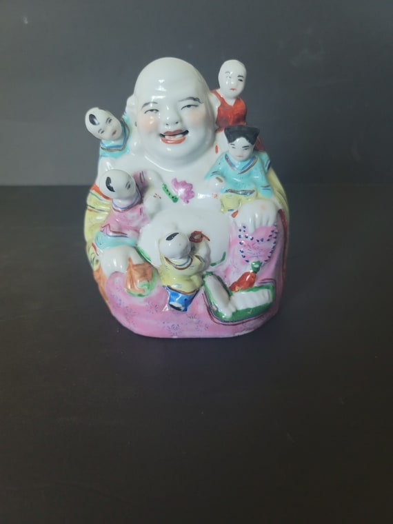 Porcelain Laughing Fertility Buddha with Children Circa 1905