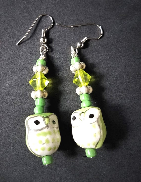 Green Owl Earrings