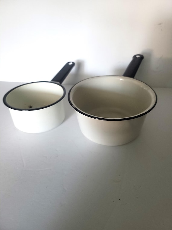 Enamelware Vintage Blue and White Saucepans
