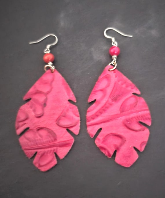 Red Leather Leaf Earrings