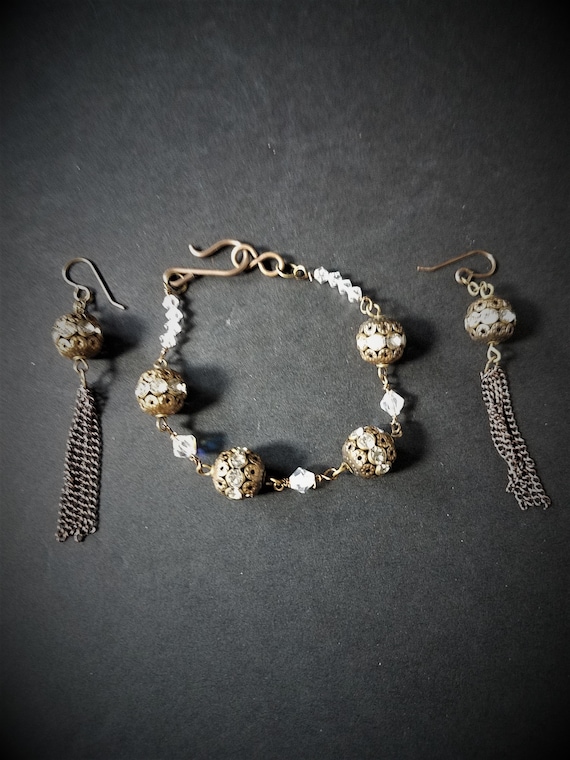 Brass & Crystal Bracelet and Earrings