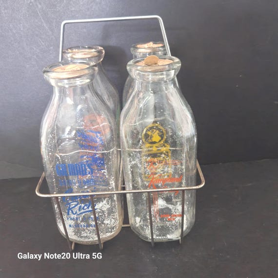 Set of 4 Vintage Square Milk Bottles with Cardboard Caps and Carrier