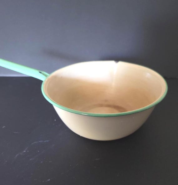Green and Ivory Metal Enamelware Saucepan