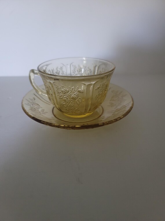 Amber Cabbage Rose "Sharon" Tea Cup and Saucer by Federal Glass