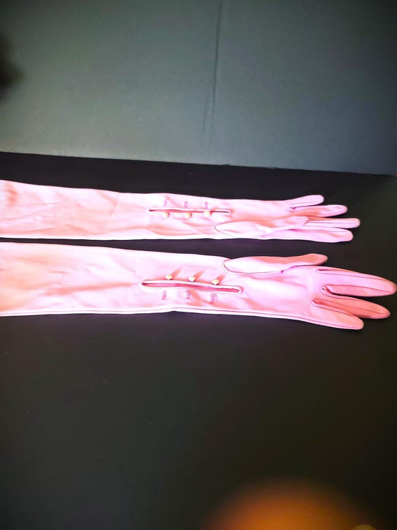 Long Pink Gloves with Pearl Buttons